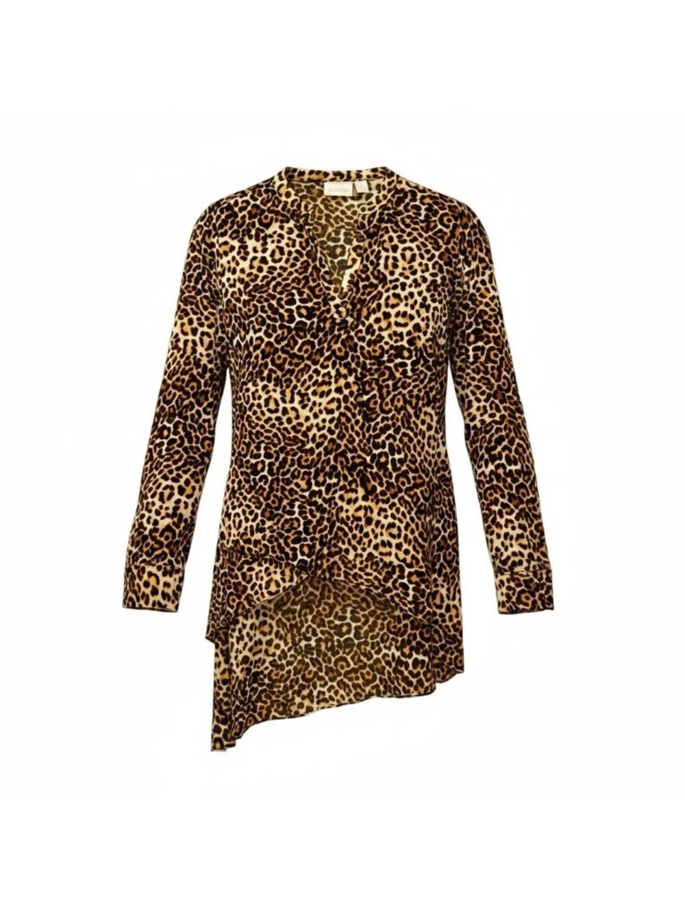 Chico's Leopard Sheer Blouse Cover Up M Tiered Hi-Low Tab Cuffed Sleeves Regency - Picture 2 of 12